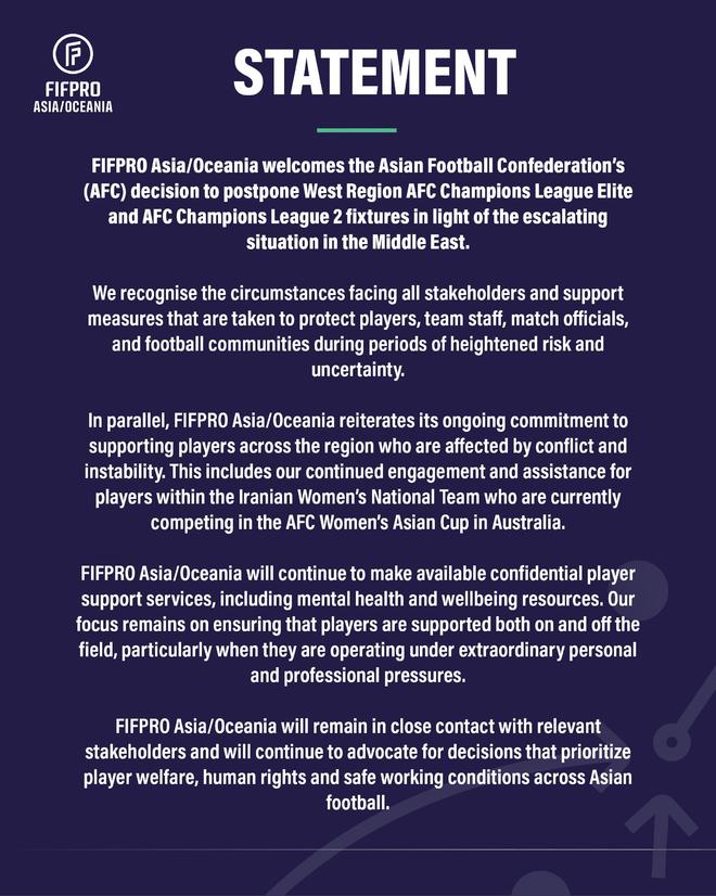 FIFPRO：鑒于中東局勢持續升溫，支持亞冠聯賽推遲決定